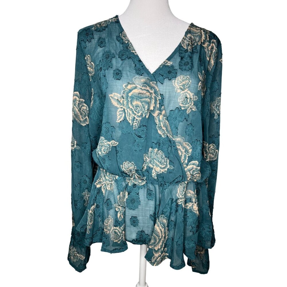 Venus Teal Floral Wrap Blouse Womens Long Sleeve V-Neck Size 12 - Picture 3 of 11